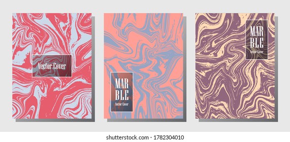 Modern marble prints, vector cover design templates. Fluid marble stone texture iInteriors fashion magazine backgrounds  Corporate journal patterns set of liquid oil waves. Cover pages set.