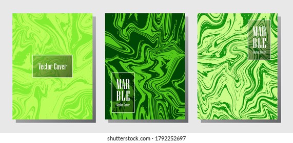 Modern marble prints, vector cover design templates. Fluid marble stone texture iInteriors fashion magazine backgrounds  Corporate journal patterns set of liquid paint waves. Brochure covers set.