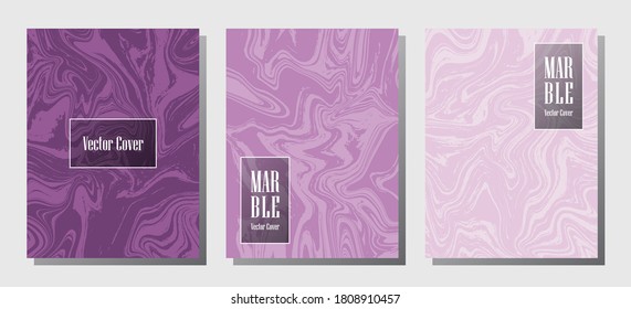 Modern marble prints, vector cover design templates. Fluid marble stone texture iInteriors fashion magazine backgrounds  Corporate journal patterns set of liquid clay waves. Brochure covers set.