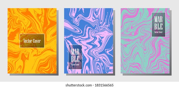Moderne Marmordrucke, Vektorgrafik-Design-Vorlagen. Die Modemagazin-Hintergründe aus flüssigem Marmor-Stein-Textur iInteriors sind die Muster von Flüssigfarben-Wellen im Corporate Journal. Titelseiten-Set.