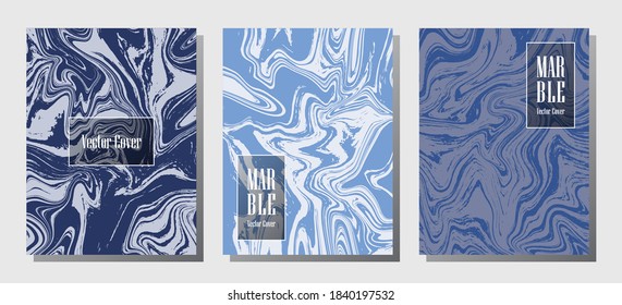 Impresiones modernas de mármol, plantillas de diseño de portada vectorial. Textura de piedra de mármol fluido iInteriors fondo de la revista de moda Patrones de revistas corporativos conjunto de ondas de tinta líquida. Tarjetas de invitación establecidas.