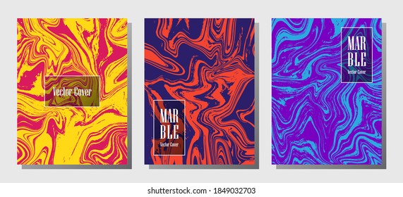Impresiones modernas de mármol, plantillas de diseño de portada vectorial. Textura de piedra de mármol fluido iInteriors fondo de la revista de moda Patrones de revistas corporativos conjunto de ondas de tinta líquida. Volantes, pancartas puestas.