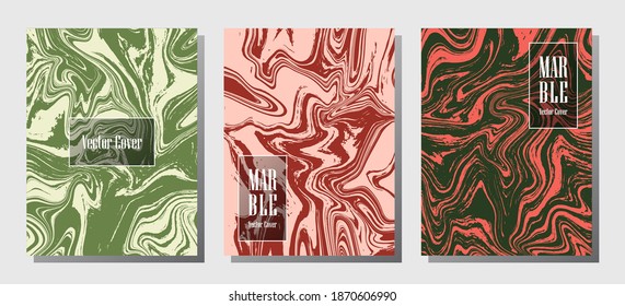 Modern marble prints, vector cover design templates. Fluid marble stone texture iInteriors fashion magazine backgrounds  Corporate journal patterns set of liquid ink waves. Flyers, banners set.