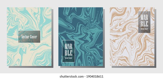Modern marble prints, vector cover design templates. Fluid marble stone texture iInteriors fashion magazine backgrounds  Corporate journal patterns set of liquid clay waves. Brochure covers set.