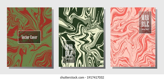 Modern marble prints, vector cover design templates. Fluid marble stone texture iInteriors fashion magazine backgrounds  Corporate journal patterns set of liquid oil waves. Flyers, banners set.