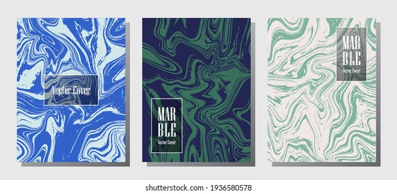 Modern marble prints, vector cover design templates. Fluid marble stone texture iInteriors fashion magazine backgrounds  Corporate journal patterns set of liquid oil waves. Splash effect prints.