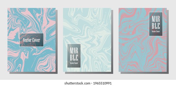 Modern marble prints, vector cover design templates. Fluid marble stone texture iInteriors fashion magazine backgrounds  Corporate journal patterns set of liquid clay waves. Cover pages set.