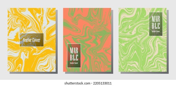 Impresiones modernas de mármol, plantillas de diseño de portada vectorial. Textura de piedra de mármol fluido iInteriors fondo de la revista de moda Patrones de revistas corporativos conjunto de ondas de tinta líquida. Juego de afiches.