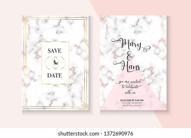 Modern Marble Rose Gold Wedding Invitation. Cosmetics, Birthday, Music Party Vector Layout. Polygon Frame Set. Business Foil Package. Rose Gold Wedding Invitation Marble Texture Card Template