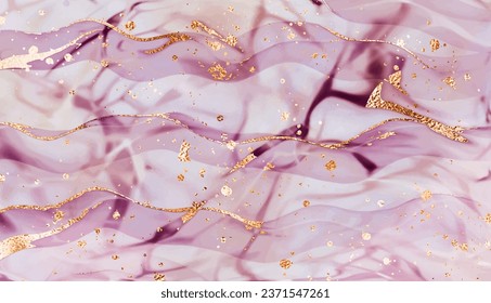 Modern marble stone background texture with rose gold veins and glitter splatters.