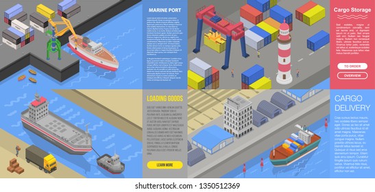 Modern marine port banner set. Isometric set of modern marine port vector banner for web design