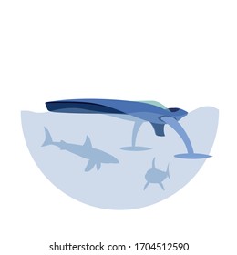 modern marine speed jet boat with hydrofoils, underwater shark silhouettes, vector illustration in blue color isolated on a white background in cartoon & flat style