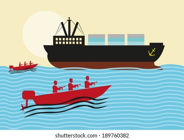 Moderne Seeräuber attackieren Frachtschiff oder Küstenwache auf einer Rettungsmission. Bearbeitbare Clipart Art.