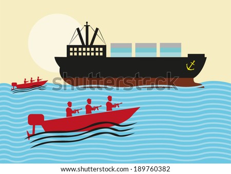 Modern Maritime Pirates Attacking Cargo Ship or Coast Guards on a rescue mission. Editable Clip Art.