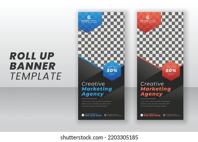Modern marketing agency display exhibition roll up signage or pull up advertising banner with blue and orange