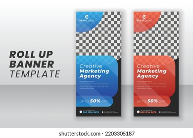 Modern marketing agency display exhibition roll up signage or pull up advertising banner with blue and orange