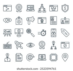 modern marketing campaign icon pack. perfect for linear ui designs featuring vector pin point, cpu, configuration, refund, paper and more icons.