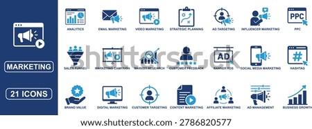 Modern marketing icon set designed for advertising, branding, analytics, social media campaigns, and digital business strategy projects. Includes customer targeting, PPC, influencer marketing, email marketing, content , sales funnel, analytics, hashtag, and business growth icons in a clean solid vector style. Perfect for websites, apps, dashboards, presentations, and marketing materials.