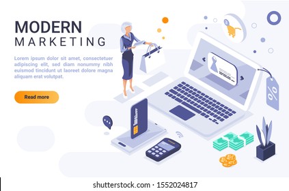 Modern marketing landing page vector template with isometric illustration. Advertising business homepage interface layout with isometry. Online technology for customer attraction. 3d webpage design