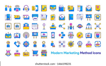 Modern Marketing Method Icon Set with Blue, Yellow and Pink color. Modern Thin Line Style. Suitable for Web and Mobile Icon. Vector illustration EPS 10.