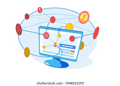 Modern marketing network vector illustration. Interaction of system parts. Teamwork connection. Social networks. Communications concept. Isolated on white background