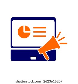Modern marketing software icon with megaphone and chart in blue and orange theme