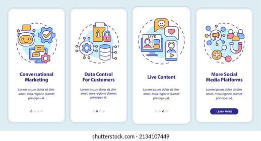 Modern marketing trends onboarding mobile app screen. Business walkthrough 4 steps graphic instructions pages with linear concepts. UI, UX, GUI template. Myriad Pro-Bold, Regular fonts used