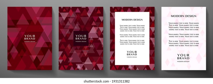 Modern maroon cover, frame design set with abstract creative triangle pattern. Ruby geometric vector backdrop for notebook cover, business background, brochure template, magazine layout