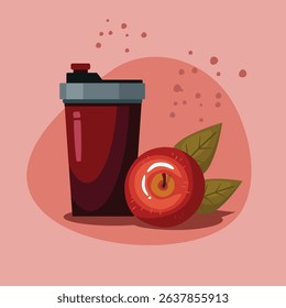 Modern maroon sports shaker bottle with red apple. Fitness and healthy lifestyle
