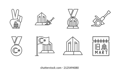 Monumento moderno a los mártires de Çanakkale, misil cañón, bandera turca, medalla, etc. conjunto de iconos. Conjunto de 8 para el día 18 de marzo. Plantilla de diseño lineal y colorida. Fondo blanco vector lineal simple