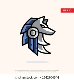 modern mascot logo. with robotic white wolf to be the main icon. icon, template design