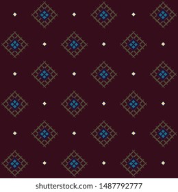 Modernes muskulinarisches Muster Mikro-Gitter Gingham Check Motif. Micro-Diamanten auf bordeauxfarbenem Hintergrund, authentisches Design. Hatching ethnischen Motiv für Herren-Polo-T-Shirt, Modekleidung, Bekleidungsstoff.