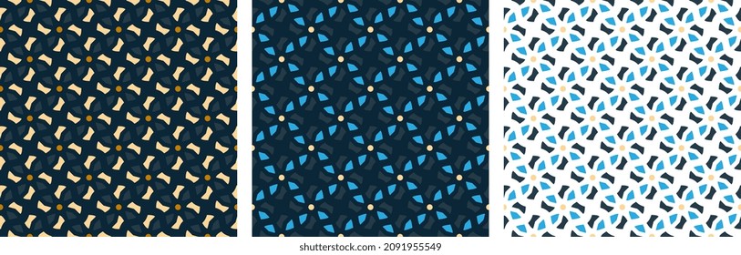 Modern masculine geometric motif basic twisted pattern continuous background. Geometrical style fabric design. Textile swatch ladies dress, man shirt all over print block. Blue, khaki, white palette.