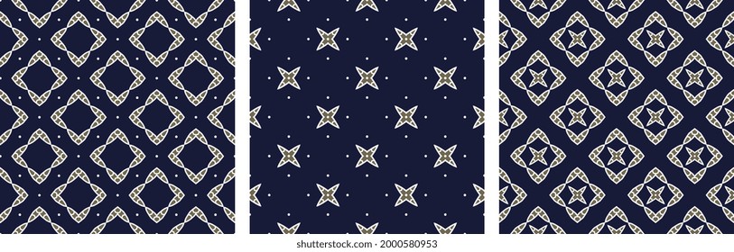 Modern masculine geometric star motif basic pattern continuous background. Geometrical style fabric design. Textile swatch ladies dress, man shirt, scarf all over print block. Blue, white gold palette