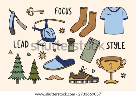 Modern masculine icon set with keys socks tshirt phone brush slipper sneaker trophy helicopter trees words elite focus style razor mustache stars. Vector illustration.