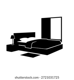 Moderna vista de esquina del dormitorio principal con la lámpara de la mesita de noche de la cama y la Ilustración vectorial Grande de la silueta del gabinete del armario