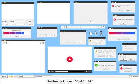 Modern material design user interface windows. Web browser, video and audio player, error message and system dialog box.
