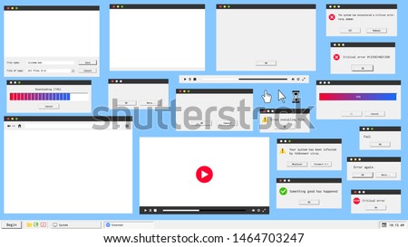 Modern material design user interface windows. Web browser, video and audio player, error message and system dialog box.