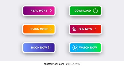 Modern material style buttons set isolated on grey background. Read more, buy now, download, book now, watch now buttons collection with gradient colors and icons with shadows.