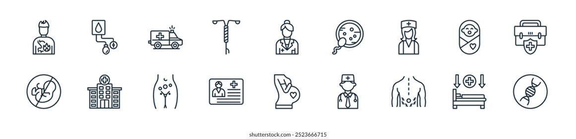 modern maternity icon pack. perfect for linear ui designs featuring vector dna, hospital bed, back pain, pediatrician, pregnancy, identification card, infection and more icons for mobile and web