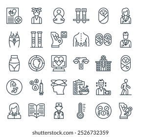 modernes Mutterschafts-Icon-Paket. perfekt für lineare ui Designs mit Vektorfehlgeburt, Pillen, Temperatur, Kinderarzt, Dokumenten und mehr Icons.