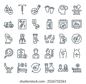 modern maternity icon pack. perfect for linear ui designs featuring vector hospital bed, male and female, test, baby, hospital bed and more icons.