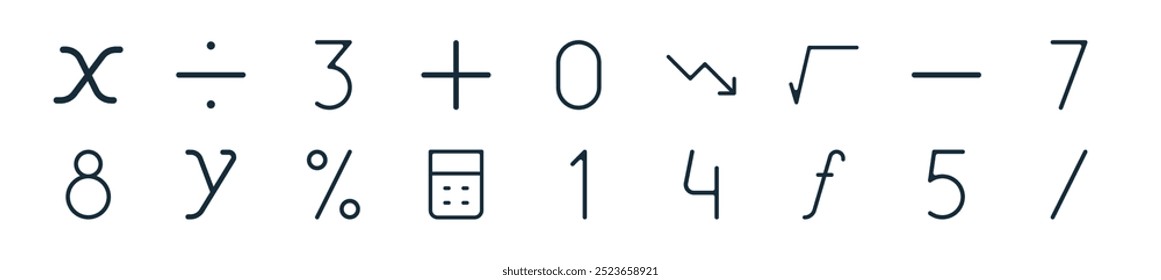 modern math icon pack. perfect for linear ui designs featuring vector division, number, function, number, number, calculator, percent and more icons for mobile and web apps.