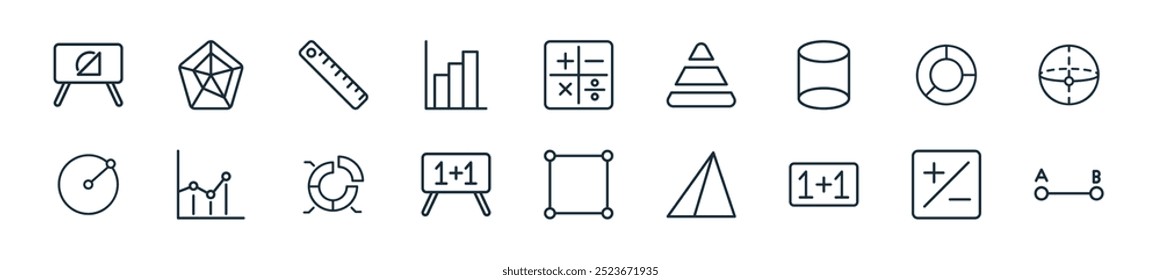 Perfecto para diseños de interfaz de usuario lineal con puntos finales de Vector, además, adición, geometría, cuadrado, adición, segmentación y más iconos para App móviles y de Web.