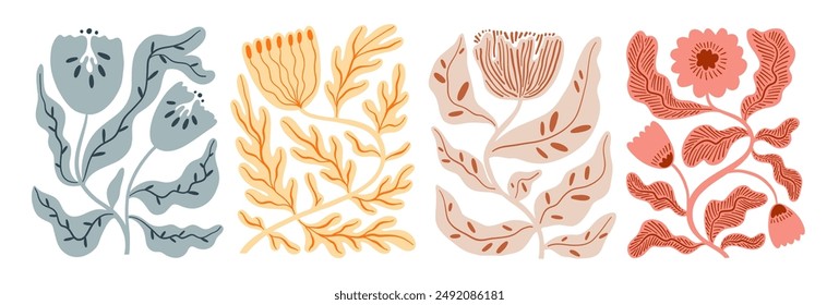 Modern matisse style flowers with decorative pattern. Pastel colored organic doodle flowers in geometric shapes. Abstract groovy botanical posters. Aesthetic modern vector vintage illustration.