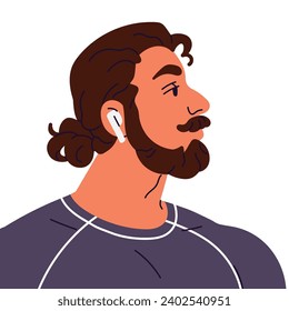 Modern mature man with long hair portrait side view. Bearded male user profile with neutral emotions on face. Calm guy avatar listening music with headset. Flat isolated vector illustration on white