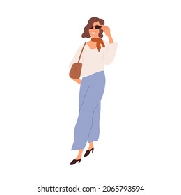 Modern mature woman wearing fashion clothes and sunglasses. Happy female walking in trendy outfit, neck scarf, blouse, trousers and bag. Flat vector illustration isolated on white background