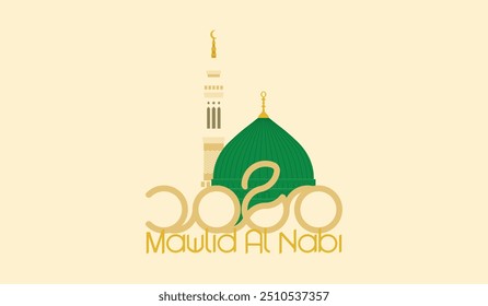 Cartão moderno Mawlid Al Nabi Greeting's Card com cores retrô verde Paleta. Tradução: (Aniversário do Profeta Muhammad)