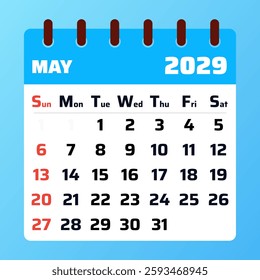 Modern May 2029 calendar featuring a clean and organized layout. Perfect for event planning, tracking deadlines, and managing time effectively