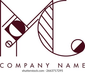 Logo MC moderno con un monograma dentro de un marco circular en estilo minimalista, ideal para la marca. El diseño muestra Formas abstractas con líneas limpias que enfatizan la elegancia y el profesionalismo.
